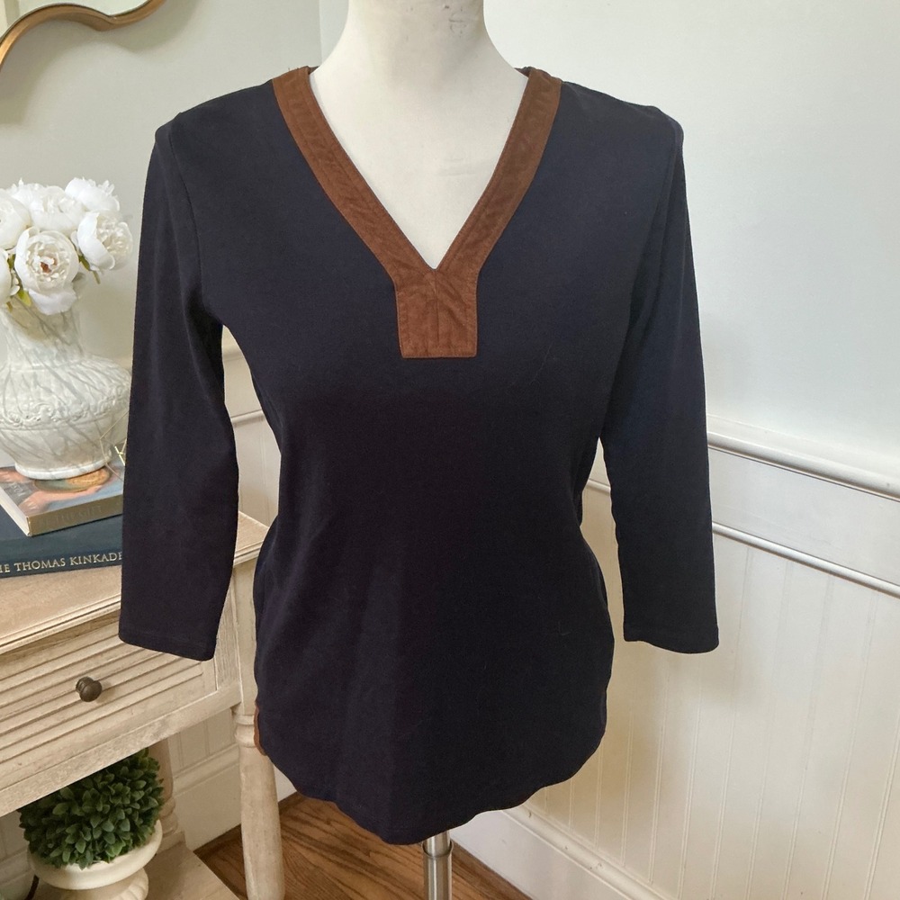 Lauren Ralph Lauren Navy Blue V-Neck Top Brown Faux Suede Trim Size M 3/4 Sleeve